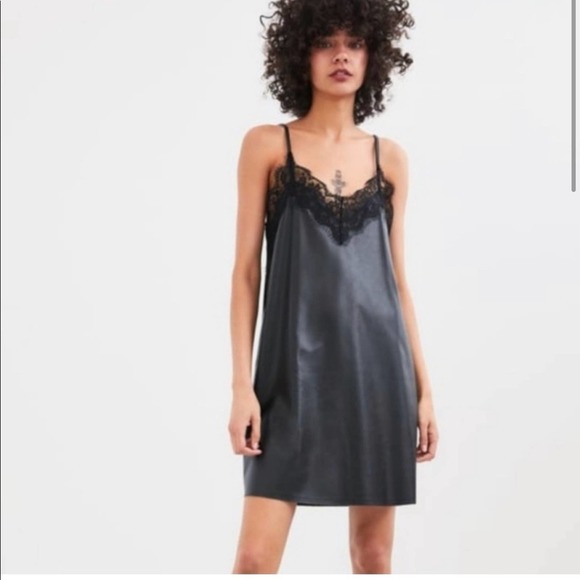 Zara Dresses & Skirts - Zara Faux Leather Black Lace Detail Dress